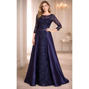 Adrianna Papell Navy Blue Beaded Lace Gown Size 16 Evening Dress ¾ Sleeve